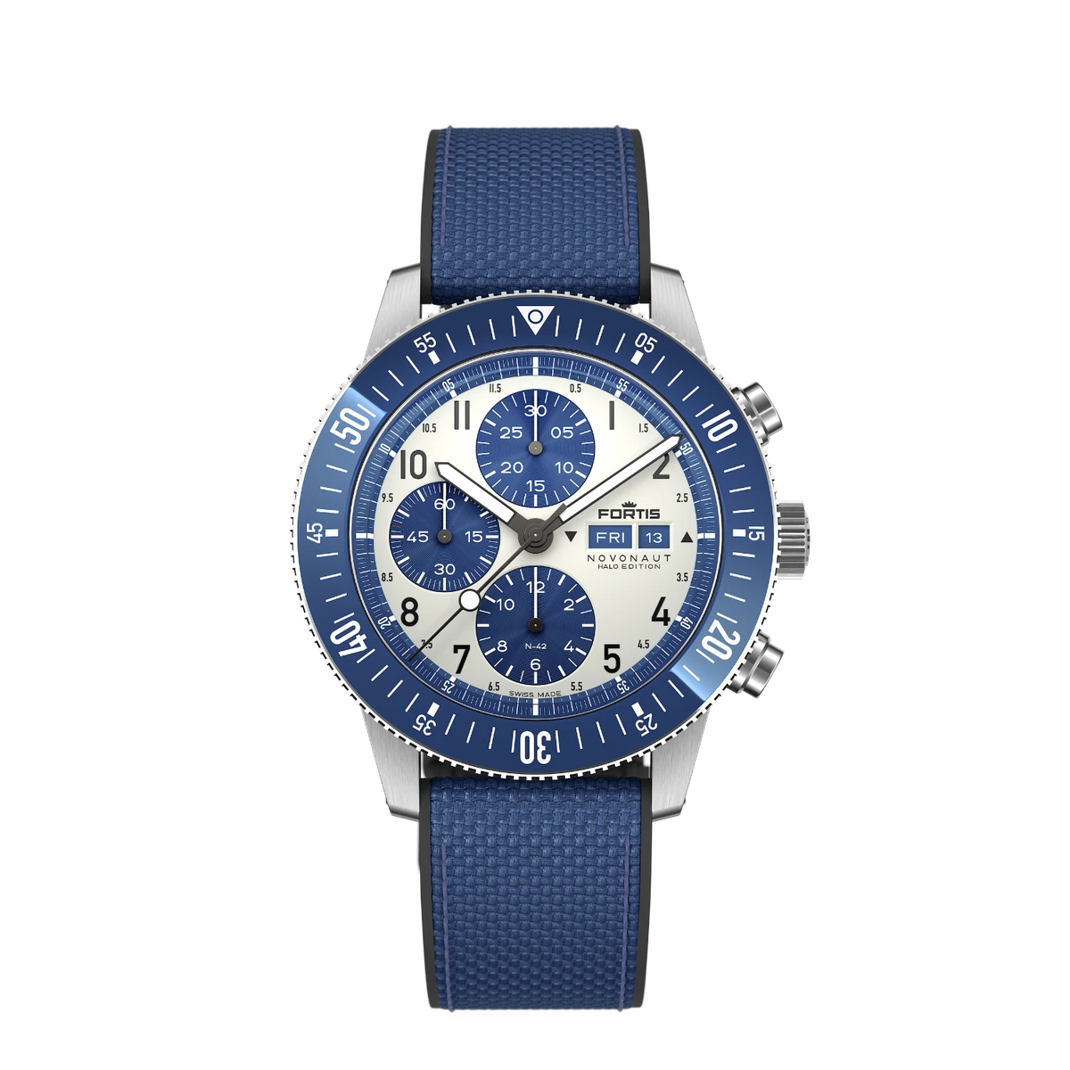 Fortis Novonaut Halo Blue with white dial and blue counters