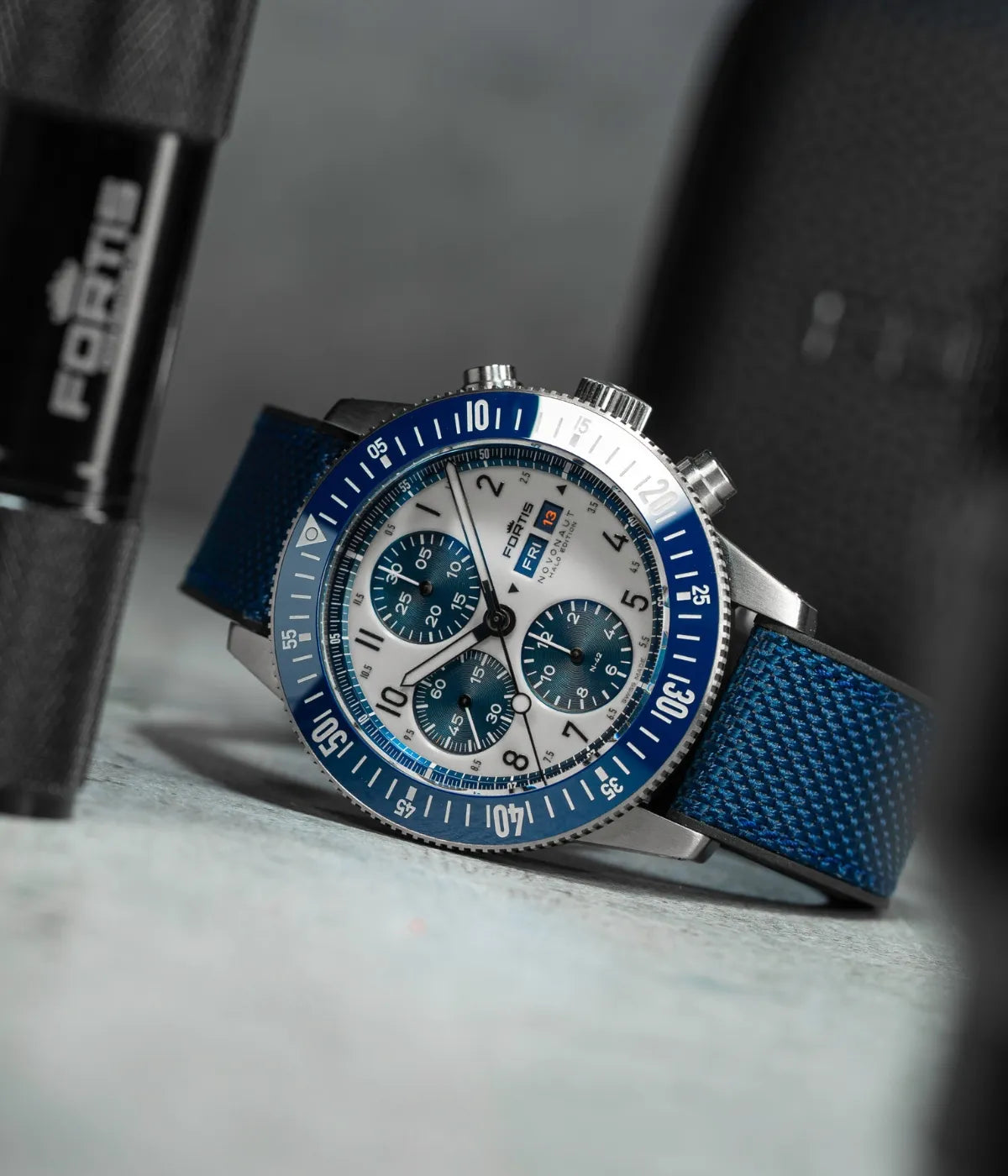 Fortis Novonaut Halo Blue photographed at an angle